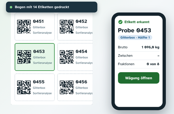 Animierte Beispielansicht: Etikettenbogen wird gedruckt, das Handy scannt einen QR-Code und öffnet die richtige Probe.