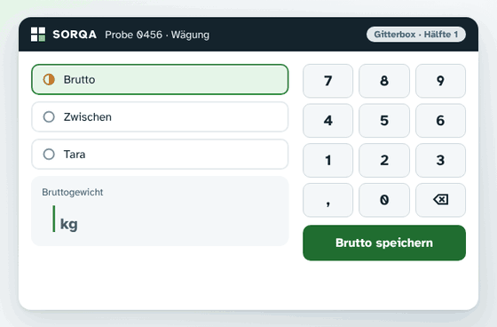 Animated sample view: the gross weight is typed in, a photo is saved, the intermediate weight comes from the scale.